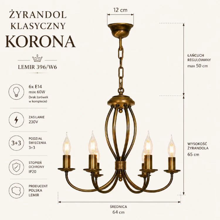 Klasyczna lampa sufitowa KORONA 396/W6 to doskonały wybór do salonu, jadalni i hotelu. Osiąga efektowny wygląd dzięki sześciu dekoracyjnym ramionom oraz eleganckiej kolorystyce patyny inspirowanej tradycyjnymi świecznikami.