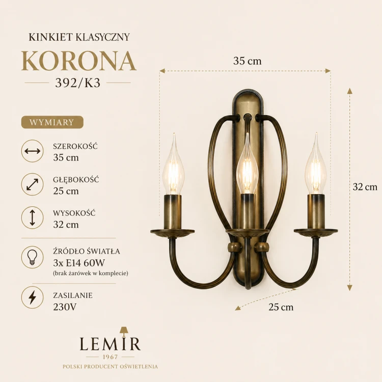 Kinkiet KORONA 3xE14 to doskonały wybór do klasycznych aranżacji. Dekoracyjne ramiona, styl świecznikowy i wykończenie w kolorze patyny tworzą wyjątkowe oświetlenie do salonu, holu, restauracji lub hotelu.