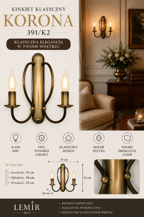 Lampa ścienna KORONA 391/K2 to połączenie ponadczasowej elegancji i funkcjonalności. Patynowe wykończenie oraz świecznikowa forma tworzą wyjątkowy klimat w salonie, korytarzu, gabinecie lub restauracji.