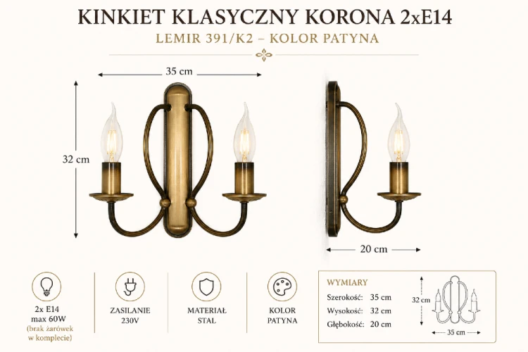 Lampa ścienna KORONA 391/K2 to połączenie ponadczasowej elegancji i funkcjonalności. Patynowe wykończenie oraz świecznikowa forma tworzą wyjątkowy klimat w salonie, korytarzu, gabinecie lub restauracji.