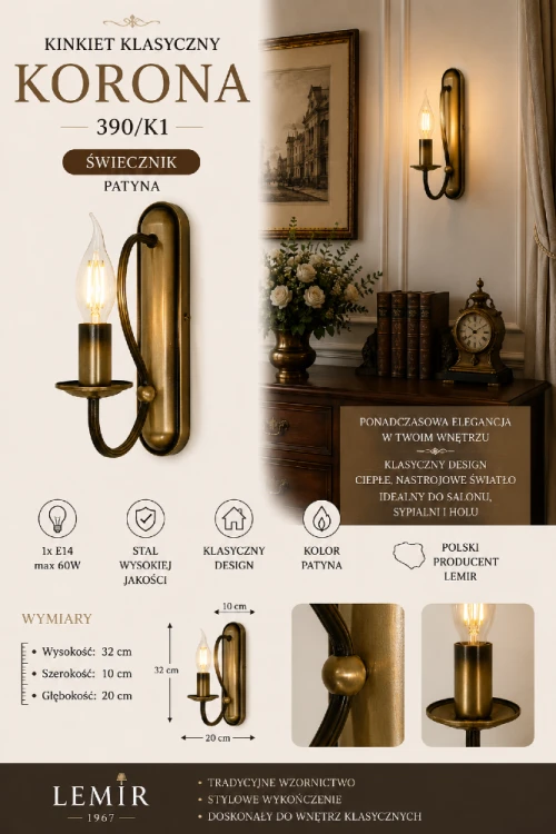 Stylowy kinkiet KORONA marki Lemir to idealne rozwiązanie do eleganckich wnętrz. Patynowa armatura, świecznikowy design i pojedyncze źródło światła E14 tworzą wyjątkową dekorację ścienną o klasycznym charakterze.