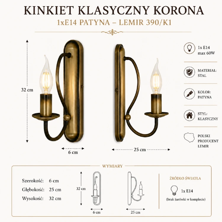 Lampa ścienna KORONA 390/K1 łączy funkcjonalność z ponadczasowym wzornictwem. Dzięki kompaktowym wymiarom oraz eleganckiemu wykończeniu w kolorze patyny sprawdzi się w salonie, gabinecie, sypialni lub holu.
