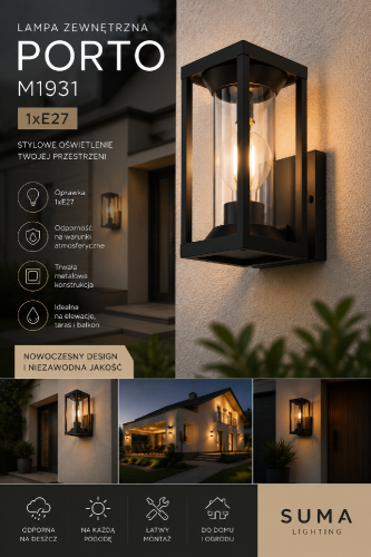 Lampa zewnętrzna PORTO M1931 łączy nowoczesny design z wysoką trwałością. Aluminiowa konstrukcja, przezroczysty klosz z poliwęglanu oraz oprawka E27 sprawiają, że doskonale sprawdzi się wokół domu i ogrodu.
