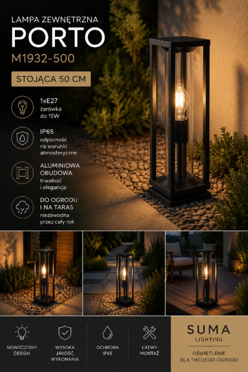 Nowoczesny słupek ogrodowy PORTO M1932-500 marki SUMA łączy minimalistyczny design z wysoką trwałością. Czarna obudowa, oprawka E27 i odporność IP65 sprawiają, że doskonale sprawdzi się wokół domu przez cały rok.