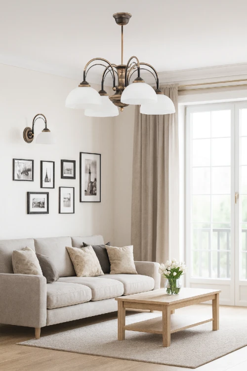 Żyrandol Lemir OPAL O3394 W4 PAT to połączenie elegancji i funkcjonalności. Rozpiętość 65 cm, cztery punkty świetlne oraz podział świecenia 2+2 sprawiają, że lampa idealnie doświetla większe pomieszczenia.