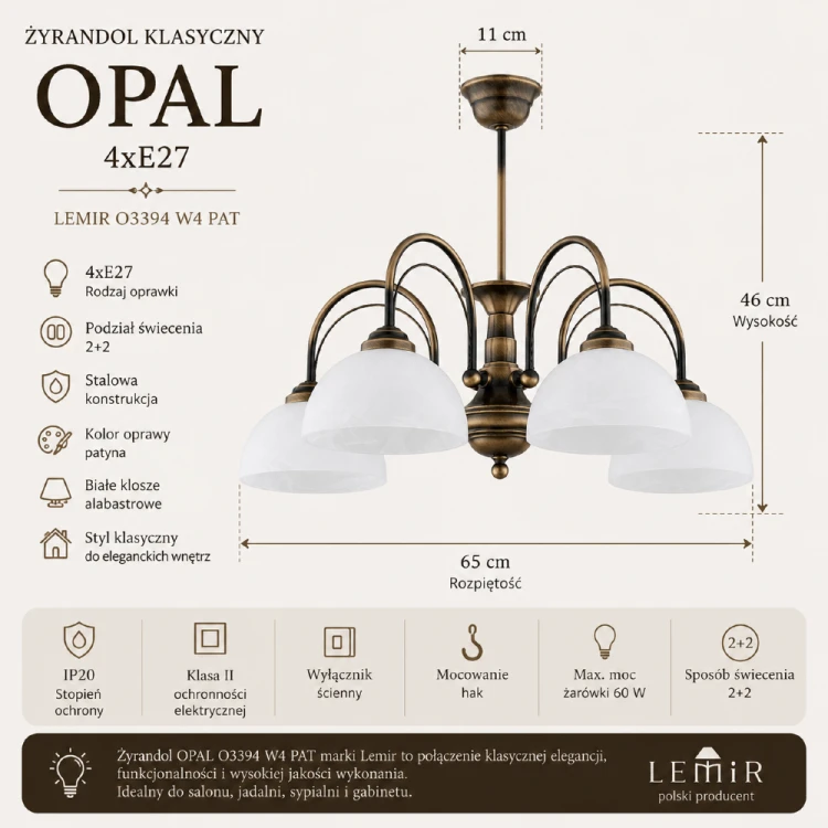 Lampa sufitowa OPAL 4xE27 z białymi kloszami alabastrowymi tworzy przytulną atmosferę we wnętrzu. Klasyczny design doskonale komponuje się z aranżacjami tradycyjnymi, vintage i rustykalnymi.