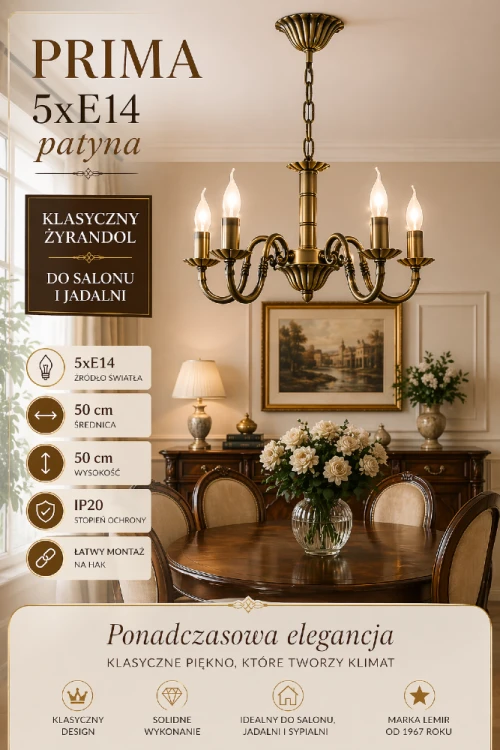 Klasyczny żyrandol PRIMA 5xE14 w kolorze patyna marki Lemir sprawdzi się w salonie, jadalni i sypialni. Rozpiętość 50 cm i wysokość 50 cm zapewniają proporcjonalny wygląd. Oprawa ze stali i ZnAl gwarantuje trwałość oraz elegancki styl.