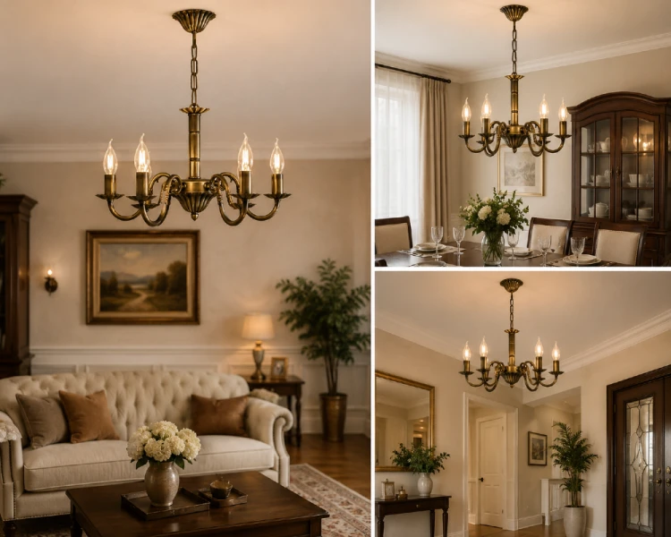 Elegancki żyrandol PRIMA 5xE14 patyna do salonu i jadalni. Otwarta konstrukcja bez kloszy eksponuje dekoracyjne żarówki E14, podkreślając klasyczny charakter lampy. Mocowanie na hak ułatwia montaż, a wykończenie patyną dodaje ponadczasowej elegancji.