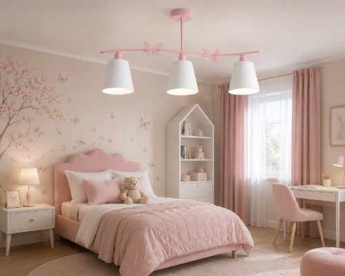 ALICE PINK 3xE14 marki Milagro to stylowa lampa sufitowa do pokoju dziecięcego. Delikatne różowe wykończenie, motylkowe ozdoby i białe abażury doskonale komponują się z pastelowymi aranżacjami. Szerokość lampy wynosi 75 cm.