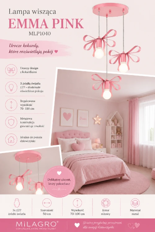 EMMA PINK MLP1040 to lampa wisząca do pokoju dziewczynki, która łączy funkcjonalność z oryginalnym wzornictwem. Metalowa konstrukcja, trzy źródła światła E27 oraz regulowana wysokość gwarantują komfort użytkowania.