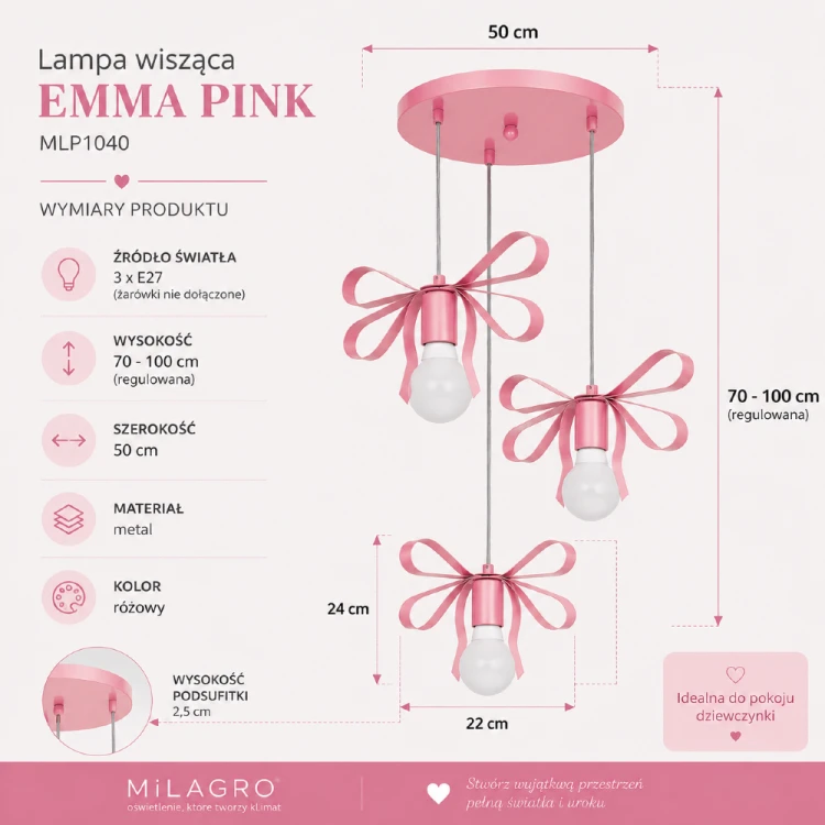 Stylowa lampa wisząca EMMA PINK marki Milagro doskonale uzupełni aranżację dziecięcego pokoju. Różowe kokardy przy oprawkach przyciągają wzrok, a trzy punkty świetlne zapewniają równomierne oświetlenie wnętrza.