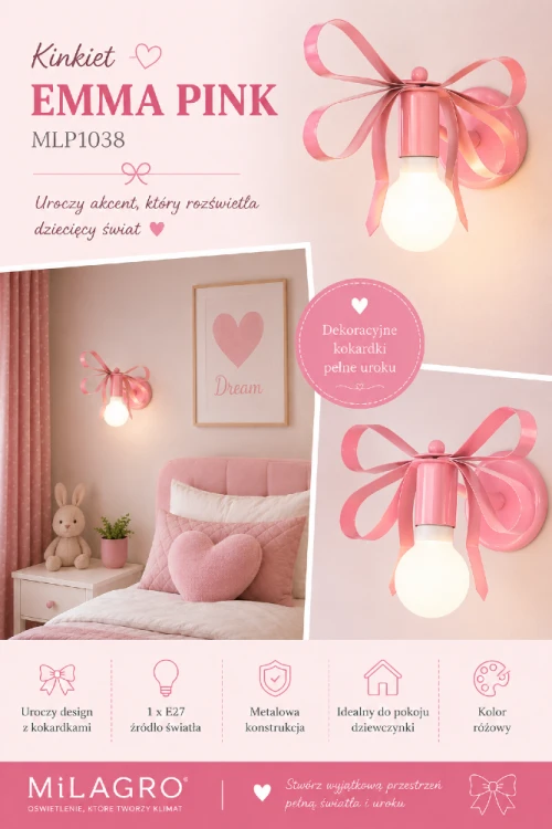 Kinkiet dziecięcy EMMA PINK MLP1038 to połączenie funkcjonalności i dekoracyjnego wzornictwa. Oprawka E27, trwałe wykonanie oraz pastelowa kolorystyka sprawiają, że lampa idealnie wpisuje się w aranżacje pokoju dziewczynki.
