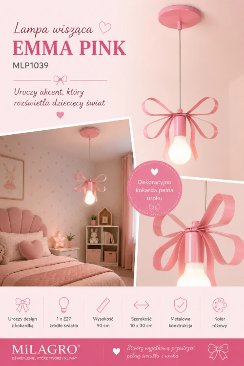EMMA PINK Milagro to stylowa lampa wisząca do pokoju dziewczynki. Delikatny różowy kolor, dekoracyjna kokarda oraz kompaktowe wymiary sprawiają, że doskonale komponuje się z pastelowymi dodatkami i jasnymi meblami.
