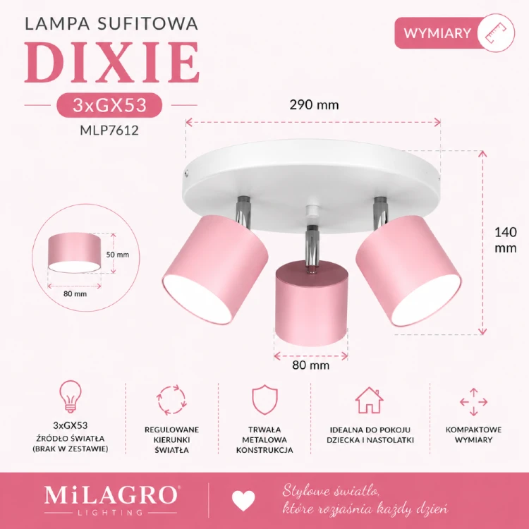 Lampa sufitowa DIXIE 3xGX53 to idealne rozwiązanie do pokoju dziecka lub nastolatki. Delikatna kolorystyka, kompaktowa forma oraz regulowane reflektorki sprawiają, że plafon jest zarówno funkcjonalny, jak i dekoracyjny.