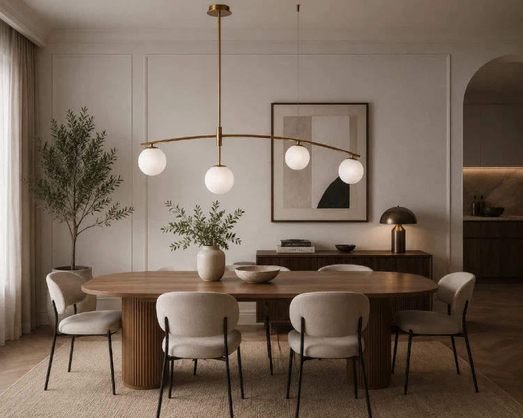 Nowoczesna lampa SENAI Italux łączy miodowy mosiądz z białymi szklanymi kulami. Cztery punkty światła G9 zapewniają komfortowe oświetlenie, a ponadczasowy design podkreśla charakter współczesnych wnętrz.