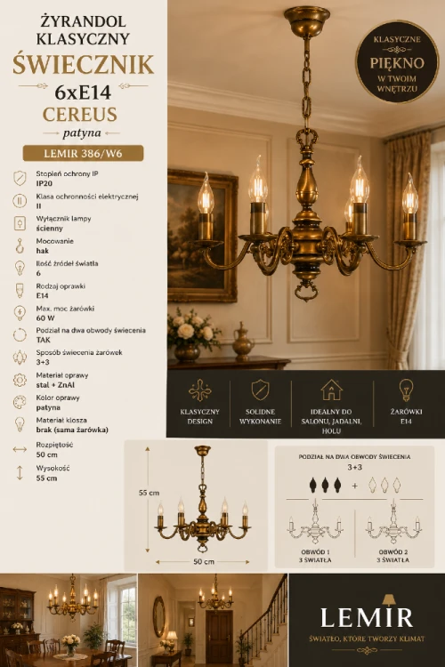 Lampa sufitowa CEREUS 6xE14 w kolorze patyny doskonale podkreśla elegancki charakter wnętrza. Świecznikowa konstrukcja pięknie prezentuje się z żarówkami filamentowymi płomyk, tworząc nastrojowe i przytulne oświetlenie.