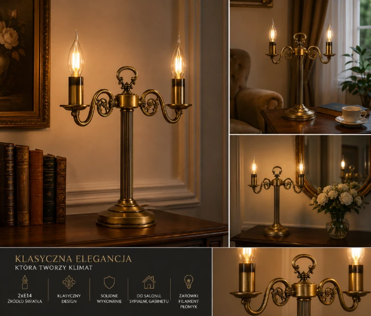 Klasyczna lampa stołowa CEREUS 388/L2 zachwyca dekoracyjnymi detalami i ponadczasowym wzornictwem. Dwa źródła światła E14 oraz elegancka patynowa oprawa sprawiają, że doskonale uzupełnia tradycyjne i retro wnętrza.