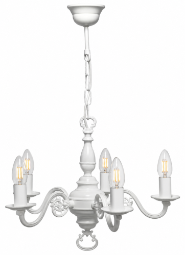 Żyrandol klasyczny CEREUS 5xE14 biały LEMIR 385/W5 BIA to elegancka lampa świecznikowa do salonu, jadalni i sypialni. Biała matowa armatura, dekoracyjne ramiona oraz możliwość zastosowania żarówek filamentowych tworzą ponadczasowy klimat.