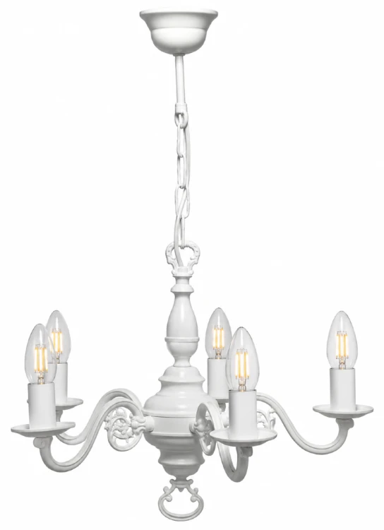 Żyrandol klasyczny CEREUS 5xE14 biały LEMIR 385/W5 BIA to elegancka lampa świecznikowa do salonu, jadalni i sypialni. Biała matowa armatura, dekoracyjne ramiona oraz możliwość zastosowania żarówek filamentowych tworzą ponadczasowy klimat.