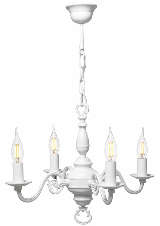 Żyrandol klasyczny CEREUS 4xE14 biały LEMIR 384/W4 BIA to elegancka lampa świecznikowa do salonu, jadalni i sypialni. Biała matowa oprawa, dekoracyjne ramiona oraz podział świecenia 2+2 tworzą funkcjonalne i stylowe oświetlenie