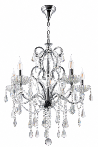 Żyrandol kryształowy FRANCO 5xE14 chrom to elegancka lampa w stylu Maria Teresa. Opalizowane kryształy pięknie odbijają światło, tworząc wyjątkowy efekt glamour. Idealny do salonu, jadalni, sali bankietowej oraz reprezentacyjnego holu.