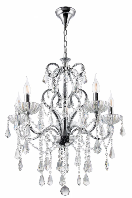 Żyrandol kryształowy FRANCO 5xE14 chrom to elegancka lampa w stylu Maria Teresa. Opalizowane kryształy pięknie odbijają światło, tworząc wyjątkowy efekt glamour. Idealny do salonu, jadalni, sali bankietowej oraz reprezentacyjnego holu.