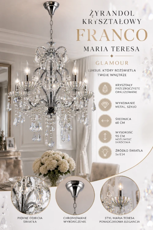 Żyrandol glamour FRANCO chrom 5xE14 to połączenie klasycznej elegancji i nowoczesnego blasku. Transparentne opalizowane kryształy oraz dekoracyjne ramiona tworzą wyjątkową ozdobę salonu, jadalni lub sypialni.