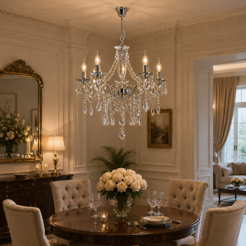 Żyrandol kryształowy MEGY 5xE14 Maria Teresa chrom to elegancka lampa glamour z efektownymi kryształami i chromowaną konstrukcją. Idealnie sprawdzi się w salonie, jadalni oraz sypialni, dodając wnętrzu luksusowego charakteru