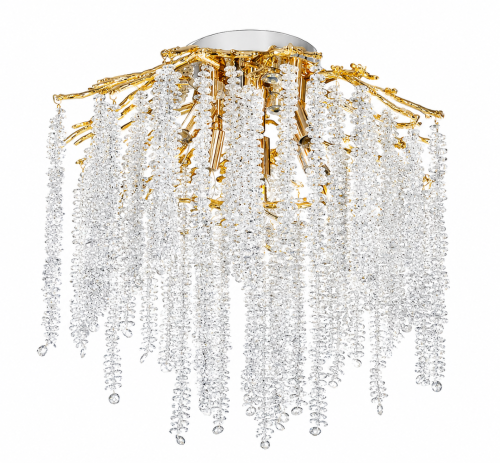 Lampa sufitowa FIORITO 6xE14 + 3x3W LED to wyjątkowy plafon glamour ze złotą konstrukcją i kaskadami transparentnych kryształów. Dodatkowe diody LED 6500K tworzą efektowne zimne podświetlenie, podkreślając blask kryształów