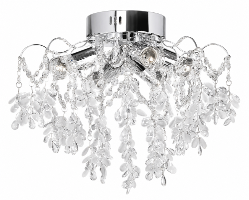 Lampa sufitowa FLORES 4xE27 + 4x3W LED to elegancki plafon glamour w kolorze chromu. Transparentne kryształy i białe szklane dekoracje tworzą wyjątkowy efekt świetlny, a dodatkowe diody LED 6500K podkreślają nowoczesny charakter lampy
