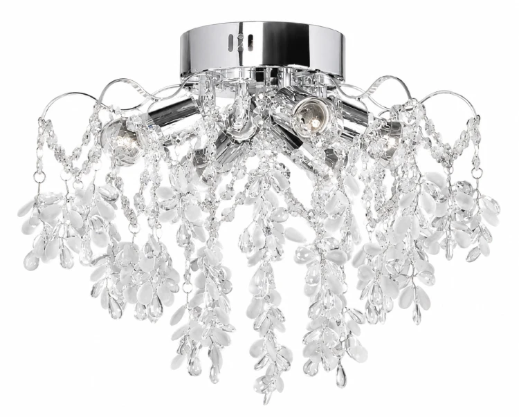 Lampa sufitowa FLORES 4xE27 + 4x3W LED to elegancki plafon glamour w kolorze chromu. Transparentne kryształy i białe szklane dekoracje tworzą wyjątkowy efekt świetlny, a dodatkowe diody LED 6500K podkreślają nowoczesny charakter lampy