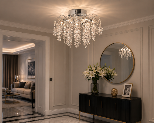 Plafon FLORES chrom 4xE27 + LED 6500K zachwyca połączeniem kryształowych dekoracji i nowoczesnego wzornictwa. Idealnie sprawdzi się w salonie, sypialni oraz holu, tworząc elegancką atmosferę i efektowne refleksy światła.