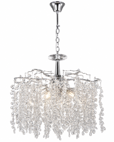 Lampa sufitowa FLORES 6xE14 Venti zachwyca chromowaną konstrukcją i efektownymi transparentnymi dekoracjami. Elegancki żyrandol glamour pięknie rozprasza światło, tworząc wyjątkową atmosferę w salonie, jadalni lub sypialni