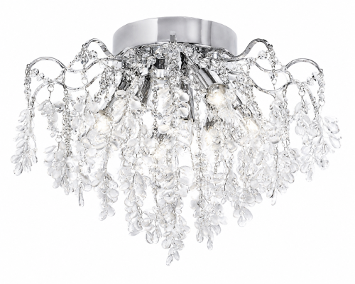 Lampa sufitowa FLORES 5xE27 + 5x3W LED zachwyca chromowaną konstrukcją i efektownymi kryształowymi dekoracjami. Dodatkowe podświetlenie LED 6500K podkreśla blask transparentnych elementów, tworząc elegancką atmosferę we wnętrzu