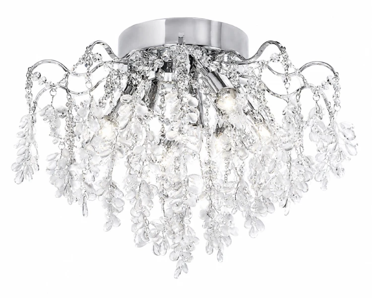 Lampa sufitowa FLORES 5xE27 + 5x3W LED zachwyca chromowaną konstrukcją i efektownymi kryształowymi dekoracjami. Dodatkowe podświetlenie LED 6500K podkreśla blask transparentnych elementów, tworząc elegancką atmosferę we wnętrzu