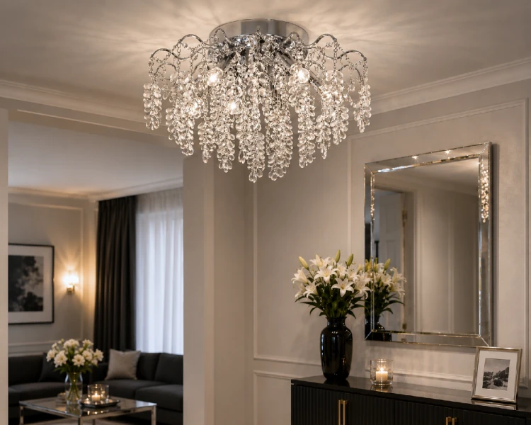 Elegancka lampa sufitowa FLORES z pięcioma źródłami światła E27 oraz dodatkowymi diodami LED 6500K doskonale sprawdzi się w salonie, sypialni lub jadalni. Kryształowe zdobienia tworzą wyjątkowy efekt świetlny.