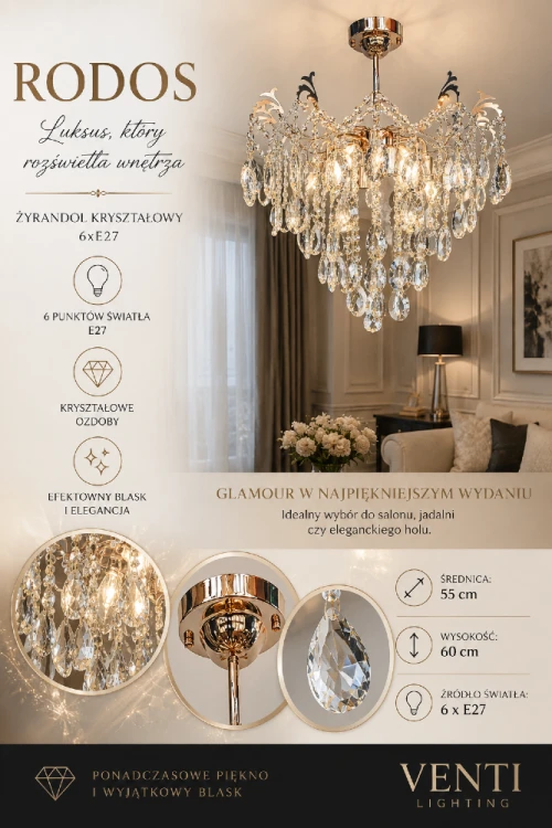 Żyrandol RODOS Venti w kolorze złotym z kryształami to stylowa lampa do wnętrz glamour. 6 źródeł światła E27, średnica 55 cm, wysokość 60 cm. Połączenie luksusu i elegancji.