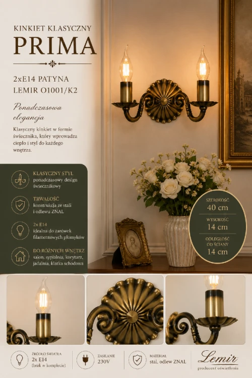 Kinkiet PRIMA 2xE14 patyna to stylowe oświetlenie ścienne do eleganckich wnętrz. Dekoracyjne ramiona, świecznikowa forma i możliwość zastosowania żarówek filamentowych tworzą wyjątkowy klimat w pomieszczeniu.