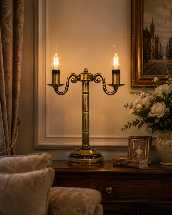 Lampa stołowa PRIMA LEMIR O1008/L2 w stylu klasycznym zachwyca eleganckim wykończeniem w kolorze patyny. Wyposażona w dwa źródła światła E14 i sznureczek do włączania, doskonale sprawdzi się w salonie, sypialni lub gabinecie.