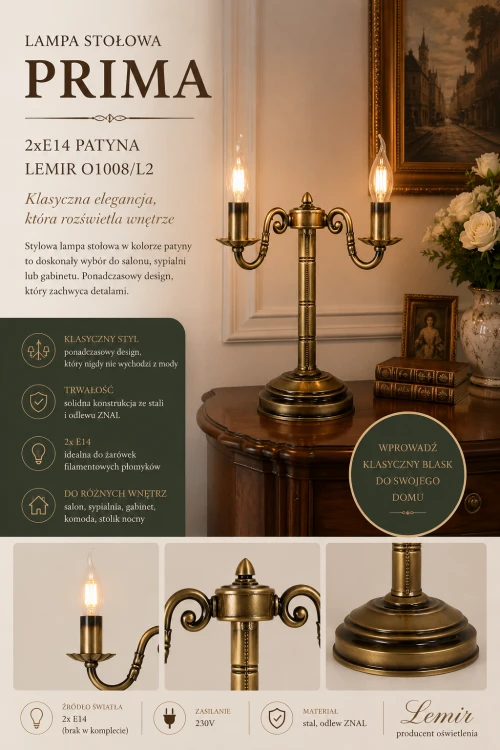 Lampa stołowa PRIMA LEMIR O1008/L2 w stylu klasycznym zachwyca eleganckim wykończeniem w kolorze patyny. Wyposażona w dwa źródła światła E14 i sznureczek do włączania, doskonale sprawdzi się w salonie, sypialni lub gabinecie.