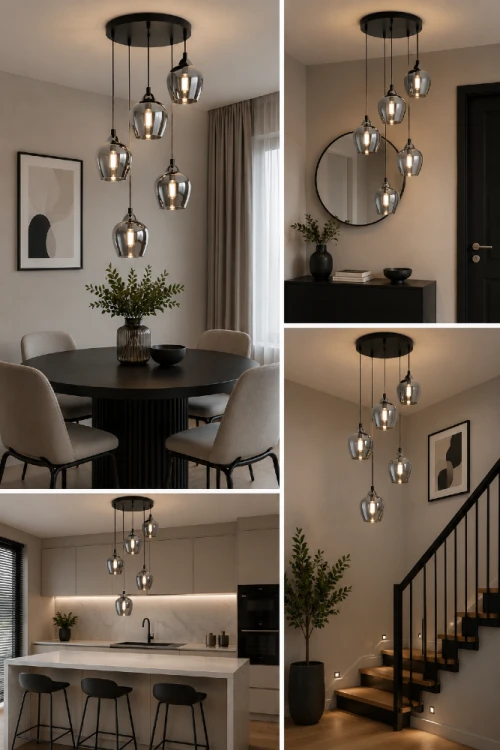 Nowoczesna lampa MARGO O2995 W5 CZA + CH zachwyca grafitowymi półprzezroczystymi kloszami i efektownym układem kaskadowym. Idealnie sprawdzi się w loftowych oraz industrialnych wnętrzach, tworząc przyjemny klimat i dekoracyjny efekt.