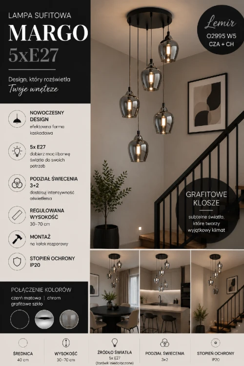 MARGO 5xE27 to designerska lampa wisząca z pięcioma kloszami w kolorze grafitowym. Regulowana wysokość, chromowane dodatki i możliwość zastosowania dekoracyjnych żarówek E27 sprawiają, że doskonale pasuje do nowoczesnych aranżacji.