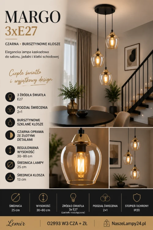 Stylowa lampa wisząca MARGO 3xE27 doskonale sprawdzi się nad stołem, w holu lub na schodach. Bursztynowe klosze subtelnie ocieplają światło, tworząc przyjemną atmosferę i podkreślając charakter wnętrza.