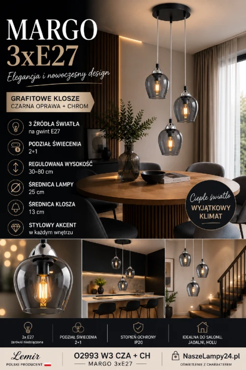Nowoczesna lampa wisząca MARGO 3xE27 doskonale sprawdzi się nad stołem, w salonie lub na klatce schodowej. Grafitowe półprzezroczyste klosze subtelnie rozpraszają światło, tworząc przyjemną atmosferę we wnętrzu.