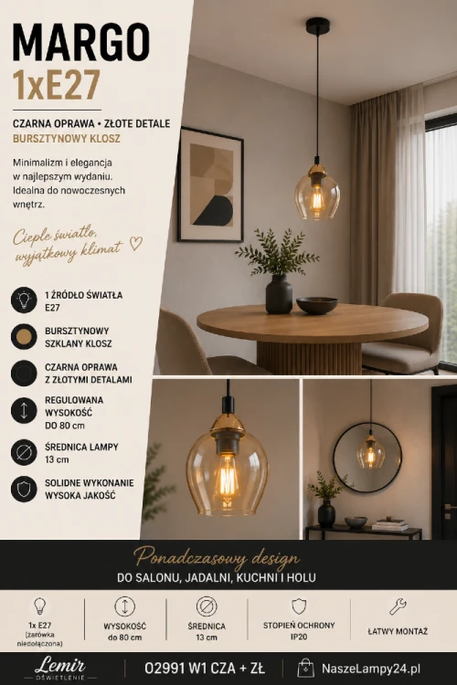Stylowa lampa wisząca MARGO 1xE27 doskonale sprawdzi się nad stołem, wyspą kuchenną lub w holu. Połączenie czerni, złotych dodatków i bursztynowego szkła wpisuje się w nowoczesne, loftowe i glamour wnętrza.