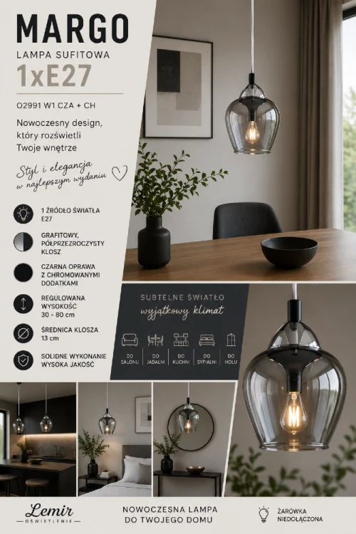 Stylowa lampa wisząca MARGO 1xE27 doskonale sprawdzi się nad wyspą kuchenną, stołem lub w holu. Połączenie czarnej oprawy, chromowanych dodatków i grafitowego szkła podkreśla nowoczesny charakter aranżacji.