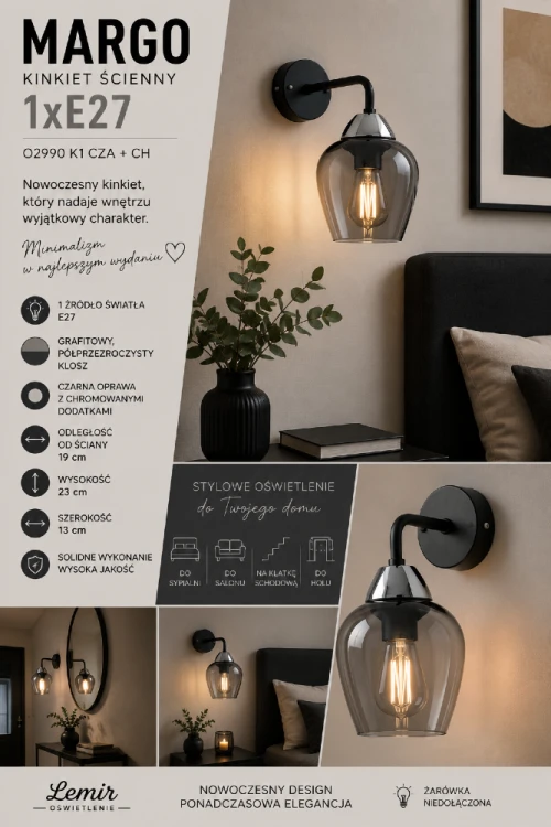 Stylowy kinkiet MARGO 1xE27 doskonale sprawdzi się przy łóżku, w korytarzu lub salonie. Grafitowy klosz subtelnie rozprasza światło, tworząc przyjemną atmosferę oraz elegancki akcent dekoracyjny na ścianie.