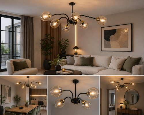 KATLA O3066 W6 CZA + ZŁ to nowoczesna lampa sufitowa o szerokości 77 cm. Bursztynowe półprzezroczyste klosze ocieplają światło, a eleganckie wykończenie w kolorze czarnym i złotym podkreśla charakter współczesnych wnętrz.
