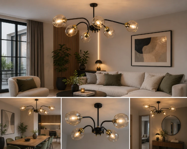KATLA O3066 W6 CZA + ZŁ to nowoczesna lampa sufitowa o szerokości 77 cm. Bursztynowe półprzezroczyste klosze ocieplają światło, a eleganckie wykończenie w kolorze czarnym i złotym podkreśla charakter współczesnych wnętrz.