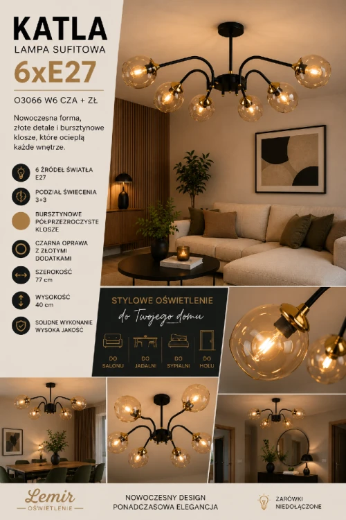 Efektowna lampa KATLA 6xE27 marki Lemir stanowi idealne oświetlenie dużych pomieszczeń. Dekoracyjne szklane klosze, funkcja świecenia 3+3 oraz nowoczesna forma sprawiają, że przyciąga uwagę i tworzy przytulny klimat.